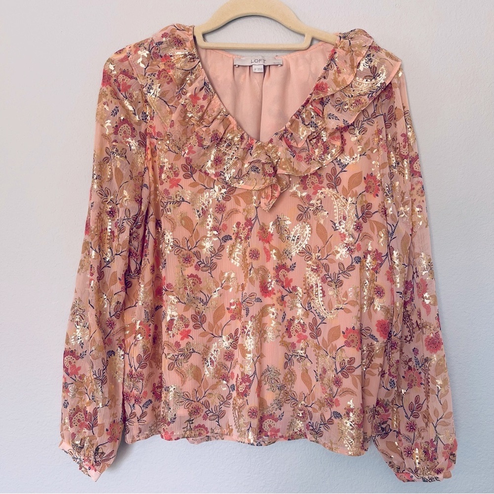 LOFT Pink V-Neck Bell Sleeve Blouse